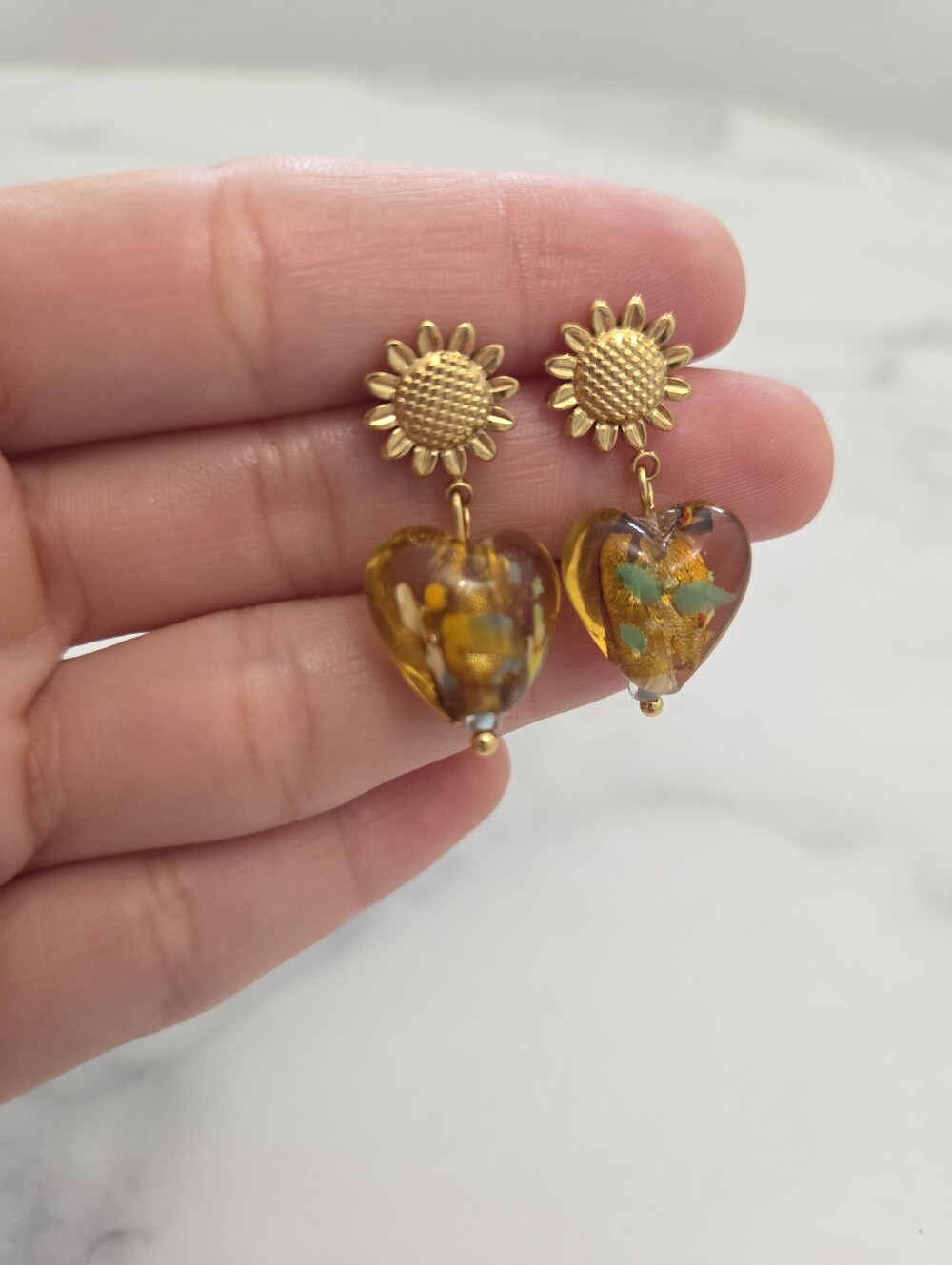 Gold Sunflower Amber Heart Dangle Drop Earrings Stainless Steel Boho Jewelry - Picture 3 of 13